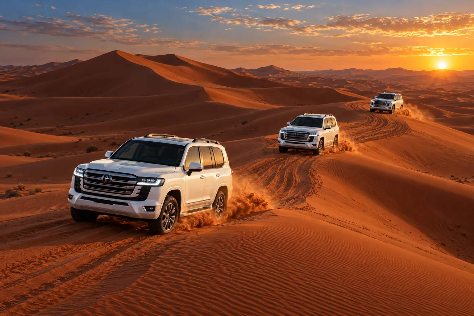 Three white Toyota Land Cruisers crossing red desert dunes