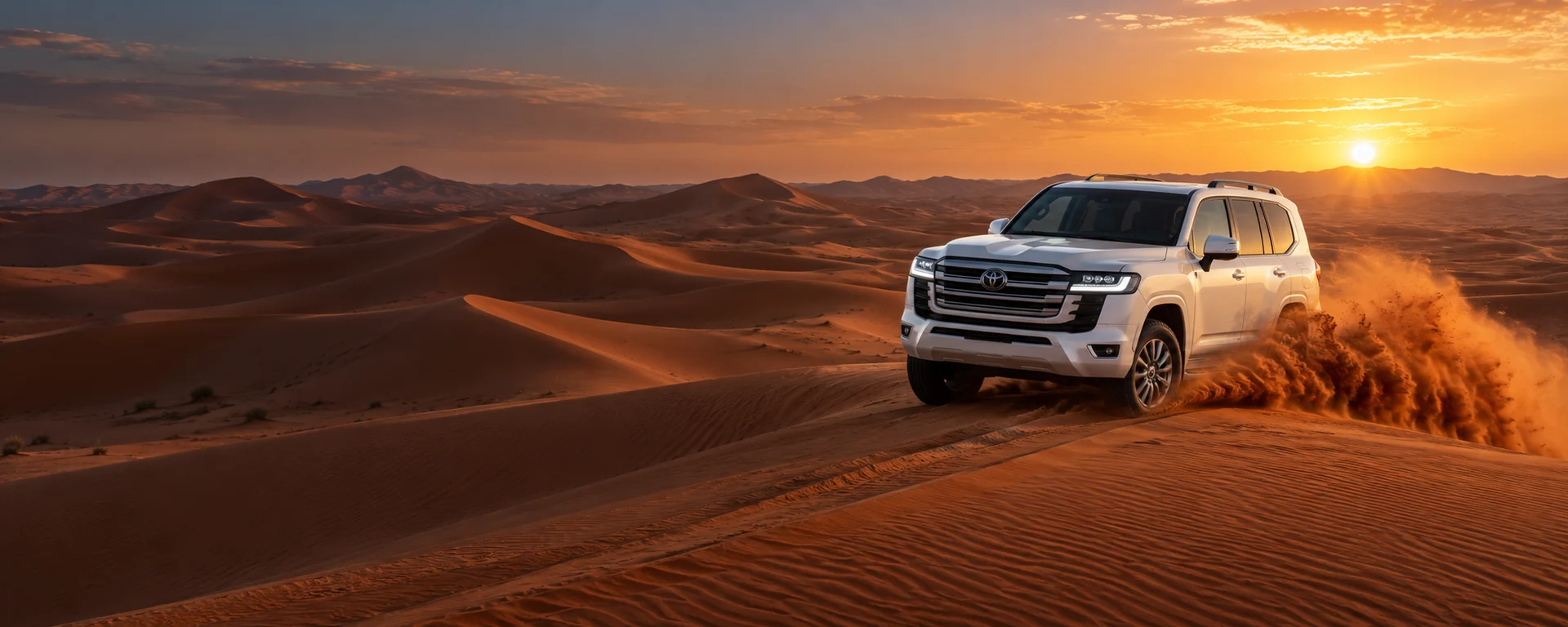 White Toyota Land Cruiser driving through red desert dunes at sunset